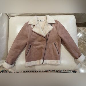 H&M Kids 11–12Y Pink/Brown Faux Suede Shearling Biker Jacket